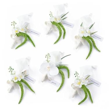 Imagem de Angela flower Conjunto de 6, flor de flor de orquídea branca de lírios de calla para homens, flores artificiais corsage, padrinhos, convidados, conjunto de boutonniere para cerimônia de casamento