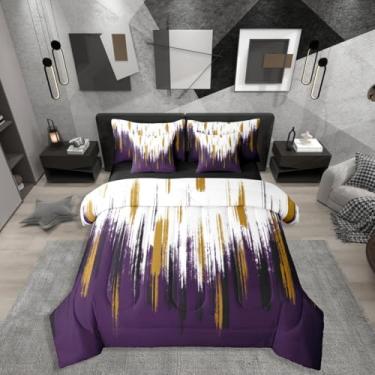 Imagem de Conjunto de cama abstrato, roxo, 7 peças, moderno, pinceladas, grafite, pintura a óleo, conjunto de edredom com lençóis, preto e amarelo, vintage, abstrato, em uma bolsa, conjunto de cama estética