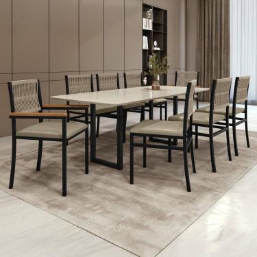 Imagem de Conjunto Sala de Jantar Mesa Retangular com Tampo de Vidro Itália com 8 Cadeiras Barcelona Rami/Pérola/Preto