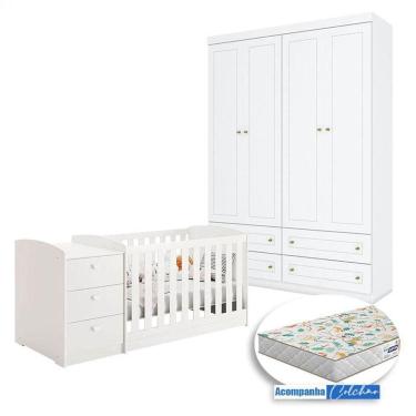 Imagem de Berço Multifuncional Atlanta E Guarda Roupa Americano 4 Portas Henn Branco Fosco Com Colchão Gazin - Reller