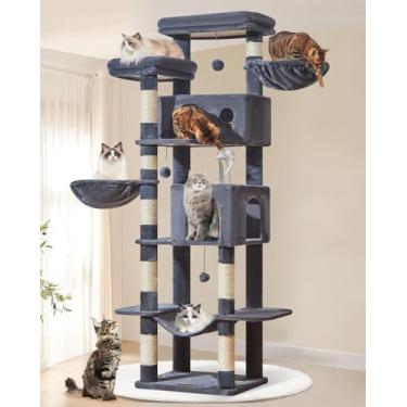 Imagem de Taoqimiao Árvore para gatos, 196 cm para gatos grandes, condomínios de vários níveis para gatos internos com 2 condomínios, plataforma espaçosa, 2 cestos suspensos, rede, 8 postes para arranhar MS046G