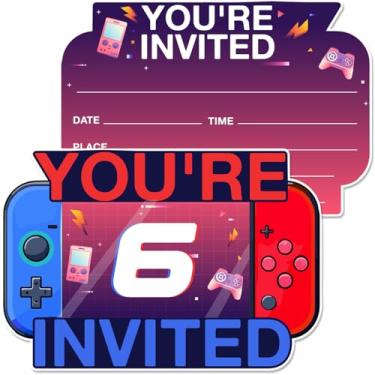 Imagem de MQCLYSG Convites de aniversário de 6 anos em forma de videogame com envelopes - conjunto de 20 6 anos de festa de aniversário para meninos e crianças brinde dupla face