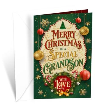 Imagem de Prime Greetings Cartão de Natal para neto, feito nos EUA, cartolina grossa com envelope premium embalado em um envelope de apresentação reutilizável, ecológico, 12,7 cm x 19,7 cm
