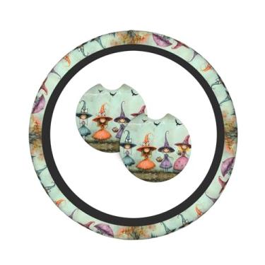 Imagem de Conjunto de 3 peças de decoração de capa de volante Halloween Witch and Crow com 2 porta-copos, conjunto de interior de carro universal antiderrapante e confortável – serve para capa de volante de 35