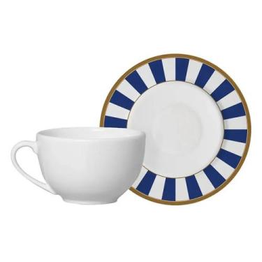 Imagem de Xícara de Chá com Pires de Cerâmica Branca Stripe Azul Alleanza 250ml