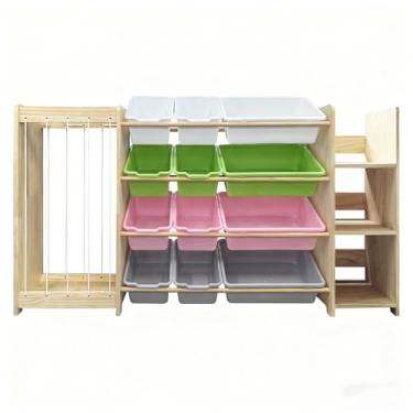 Imagem de Organizador de armazenamento de brinquedos 3 em 1, suporte para animais de pelúcia e estante de livros de 3 camadas, organizador de brinquedos de madeira maciça com 12 caixas de armazenamento