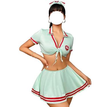 Imagem de ZBQYGO Lingerie sexy de enfermeira para mulheres, uniforme JK sexy, cosplay, roupa de fantasia, top verde menta, minissaia, conjunto de 4 peças (GG)