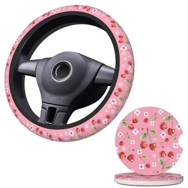 Imagem de Capa de volante de carro Cherry Universal antiderrapante SUV Produtor de volante com 2 peças porta-copos para mulheres, homens, presente de aniversário