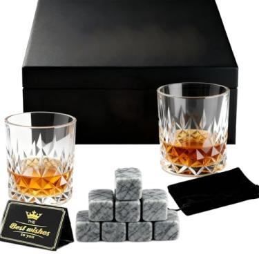 Imagem de Thsinde Conjunto de copos de uísque - 2 copos de cristal à moda antiga (290 ml) e 6 pedras pretas de uísque para bourbon, uísque, rum, coquetel, vodka, caixa de presente elegante para homens
