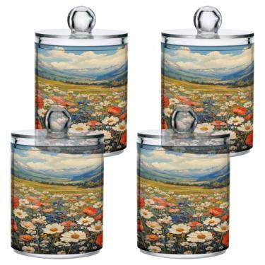 Imagem de ATTX Dispensador vintage para pintura a óleo de flores silvestres para bola de algodão, cotonete, frasco de boticário de plástico transparente, pote de armazenamento de cozinha para decoração de casa