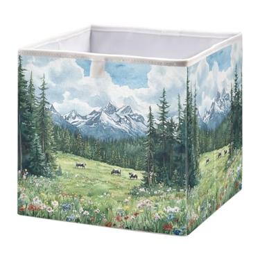 Imagem de SEHANY Caixa de armazenamento dobrável Green Mountains, organizador de tecido grande, dobrável, para roupas, brinquedos, livros, armário, berçário, 38 x 27 x 17 cm