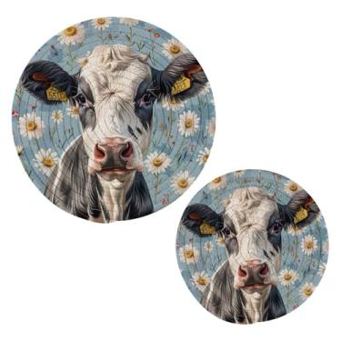 Imagem de Blueangle 2 peças de suporte de panela de vaca fofo - conjunto de pegadores de panela de tecido redondo - almofadas quentes trançadas de algodão - porta-copos - tapetes de mesa para cozinhar e assar