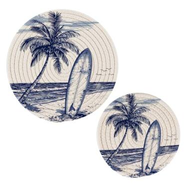 Imagem de Blueangle 2 peças de suporte de panela para prancha de surfe de palmeira - conjunto de pegadores de panela de tecido redondo - almofadas quentes trançadas de algodão - porta-copos - tapetes de mesa