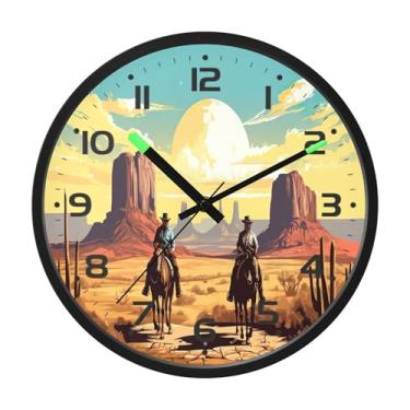 Imagem de SEHANY Relógio de parede Western Cowboy silencioso sem tique-taque, relógio redondo operado por bateria, controle de som, luz noturna, relógios de parede para sala de estar, cozinha, quarto