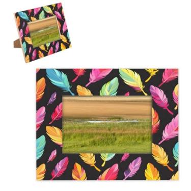 Imagem de hongjinglin Porta-retrato de 20,3 x 25,4 cm, com penas de madeira, estampas coloridas, moldura para fotos com tapete de parede e mesa, para decoração de casa e amigos da família, ideias de presente de