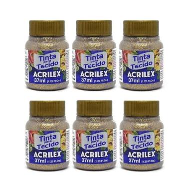 Imagem de Kit 6 Tintas para Tecido Glitter Acrilex 37ml Amarelo 212 | Brilho Intenso, Alta Fixação, Resistência às Lavagens e Acabamento Cintilante para Artesanato
