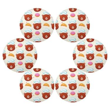 Imagem de Wassud Jogo americano conjunto de 6 tapetes de mesa redondos de urso com chapéus, para cozinha e jantar, lavável, resistente ao calor, decoração de mesa 39 cm