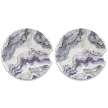 Imagem de CEBUGI 2 peças de porta-copos de carro para porta-copos de cerâmica de 6,3 cm com entalhe de dedo absorvente porta-copos de copo de carro padrão de mármore para mulheres e homens