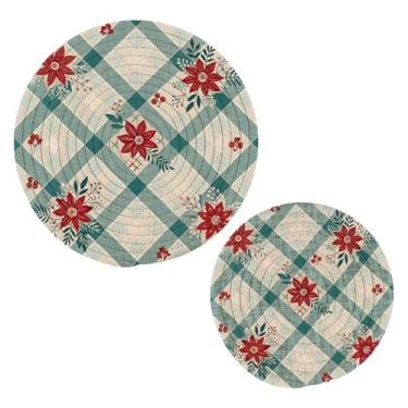 Imagem de Wassud Conjunto de trivet xadrez de flores de Natal para pratos quentes, suportes redondos de algodão, almofadas quentes, porta-copos elegantes, decoração de cozinha e acessórios, 2 peças