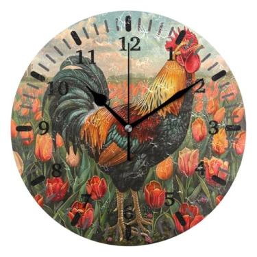 Imagem de CEBUGI Relógio de parede galo em tulipas operado por bateria relógios redondos silenciosos sem tique-taque relógios de parede para cozinha, banheiro, quarto, escritório, decoração 25,4 cm