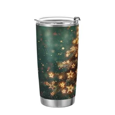 Imagem de YETTASBIN Copo de árvore de Natal com tampa de palha, copo de aço inoxidável de 590 ml, parede dupla, isolada a vácuo, caneca de café de viagem para bebidas quentes e frias