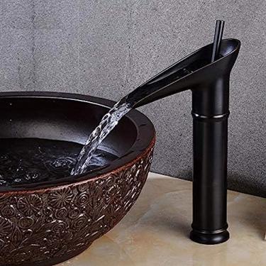 Imagem de LMJYU Torneiras de pia de banheiro Torneira de lavatório, torneira de lavatório de cachoeira antiga quente e fria toda em cobre acima do balcão lavatório banheiro torneira de furo único retrô, preto
