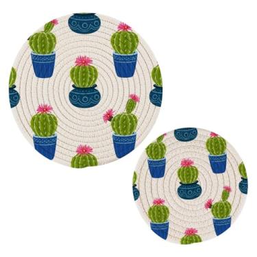 Imagem de Wassud Conjunto de tripé de cactos vibrantes para pratos quentes, suportes redondos de panela, almofadas quentes de algodão, porta-copos resistentes ao calor para decoração de cozinha, bancada, 2