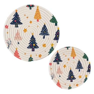 Imagem de Wassud Conjunto de trivet para árvores de Natal coloridas para pratos quentes, suportes de panela redondos, almofadas quentes de algodão, porta-copos resistentes ao calor para decoração de cozinha