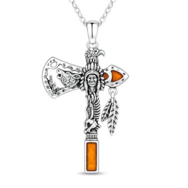 Imagem de Colar com pingente de machado indiano, design de lobo nativo americano, corrente de aço inoxidável, Adjustable, Aço inoxidável, Zircônia cúbica