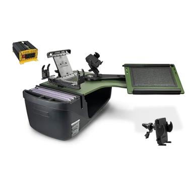Imagem de AutoExec Reach Desk Banco traseiro lado esquerdo para sua estação de trabalho de veículo e escritório móvel, verde exército, com inversor de potência de 400 watts, suporte de impressora, suporte para