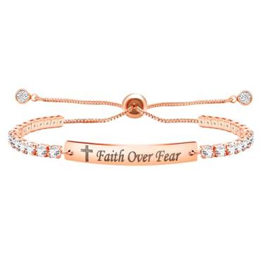 Imagem de Uloveido Pulseira Fashion Faith Over Dear - Pulseira de tênis ajustável com fecho bolo, para meninas e mulheres, hipoalergênica, banhada a ouro branco, zircônia cúbica, presente Y4390, Adjustable