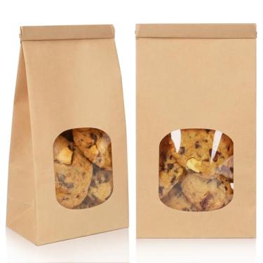 Imagem de Pacote com 100 sacos de papel para biscoitos com janela, 9 x 6 x 21 cm, sacos de padaria marrom para embalagem de pipoca, mistura de trilha, petiscos, lembrancinhas de festa, venda de bolos