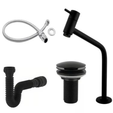 Imagem de Kit Banheiro ABS Torneira Bancada Link Preta + Válvula Click 7/8 + Sifão Flexível + engate 40cm