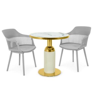 Imagem de Conjunto Mesa De Jantar Redonda Imperial 70cm Branca Com 2 Cadeiras Estofadas Marcela - Cinza
