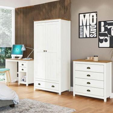 Imagem de Conjunto Quarto: Guarda-roupa 2 Portas, Escrivaninha, Cômoda 4 Gavetas Branco/freijó Topázio Madeira Pinus - Finestra