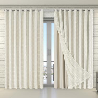 Imagem de Cortina Tecido Blecaute com Voil Xadrez 5,60 m x 2,70 m 100% Poliéster - Bege