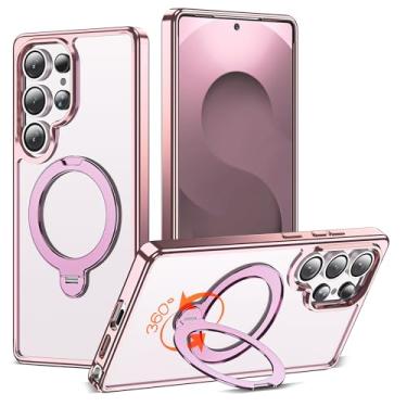 Imagem de RIASOLIN Capa compatível com Samsung Galaxy S25 Ultra com suporte de anel invisível giratório de 360°, compatível com Mag-Safe, capa de telefone transparente com ótima sensação de aderência para