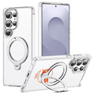 Imagem de RIASOLIN Capa compatível com Samsung Galaxy S25 Ultra com suporte de anel invisível giratório de 360°, compatível com Mag-Safe, capa de telefone transparente com ótima sensação de aderência para