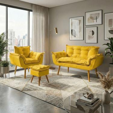 Imagem de Kit Namoradeira Poltrona e Puff Decorativo Para Sala Recepção Manicure Consultório Alice Tecido Suede