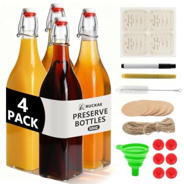 Imagem de Ruckae Garrafas de vidro quadradas com tampas Kombucha Coquito Flip Top Garrafa de vidro para xarope extrato de baunilha Brew Beer Kefir Garrafas herméticas para presente (pacote com 947 g)