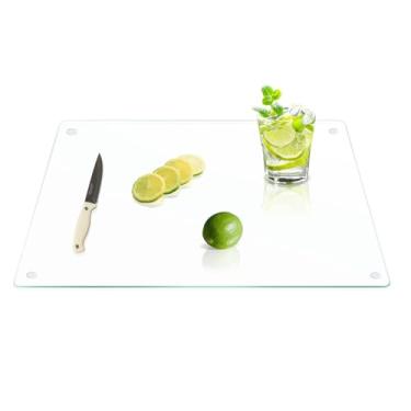 Imagem de Yuzeyurun Tábua de corte de vidro temperado para cozinha, tábua de corte transparente grande de 61 x 45 cm, tábua de cortar vidro com pés antiderrapantes, resistente ao calor, resistente a quebras
