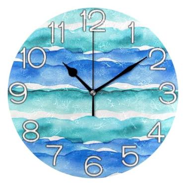 Imagem de GAIGEO Relógio de parede analógico decorativo moderno alimentado por bateria relógio de cozinha rústico, decoração de parede de sala de estar moderna, ondas do oceano em aquarela azul turquesa, 25 cm