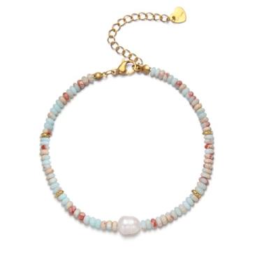 Imagem de JURYLOO Pulseiras femininas com contas de pedras naturais, pérolas de água doce, banhado a ouro 14 K, joia para presente, one size fits all, Pedra