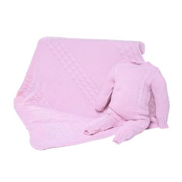 Imagem de Kit Saída de Maternidade 2 Peças em Tricô, Rosa Bebê, Macacão com Botões e Manta 75x75cm, 100% Poliéster Hipoalergênico, Tamanho RN