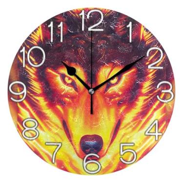 Imagem de GAIGEO Relógio de parede decorativo analógico quarto cozinha relógio redondo sem tique-taque silencioso, decoração de parede de meados do século, sala de estar, ouro amarelo, lobo frio, 25 cm