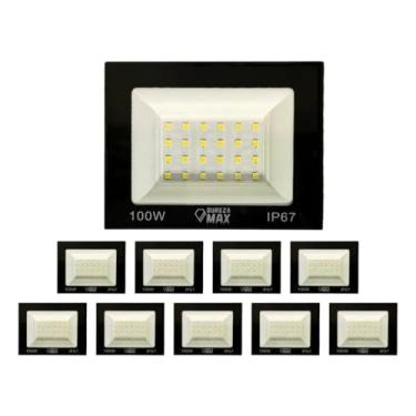 Imagem de Kit com 10 Refletor LED Holofote 100W Branco Frio 6500K - IP66 à Prova d’Água Econômico para Jardim, Fachada e Quintal Premium