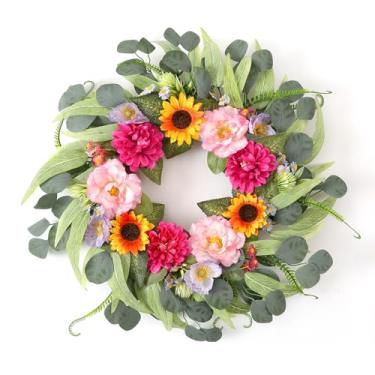 Imagem de BOMAROLAN Guirlanda artificial de peônia e girassol, 61 cm, primavera, verão, para porta da frente, com flor de camomila e folhas de eucalipto, samambaias, ambientes internos e externos, fazenda, casa