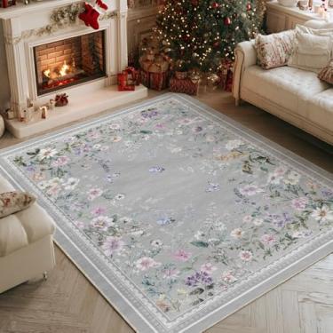 Imagem de Artoid Mode Tapete de área de primavera com flor de borboleta cinza, decoração de casa de verão, baixo perfil, antiderrapante, lavável, tapete grande para sala de estar, quarto, casa de fazenda, sala