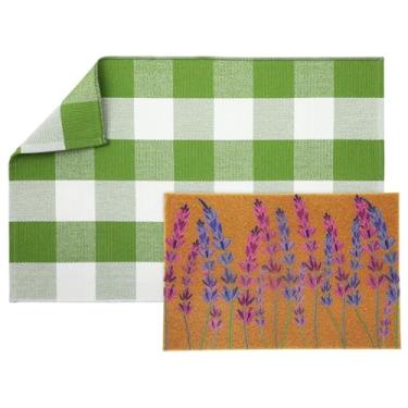 Imagem de Maasechs 2 peças de tapete de porta de boas-vindas de flor da primavera 61 cm x 89 cm tapete xadrez verde branco e 60 cm x 40,6 cm capacho lavanda coco tapete antiderrapante para entrada externa