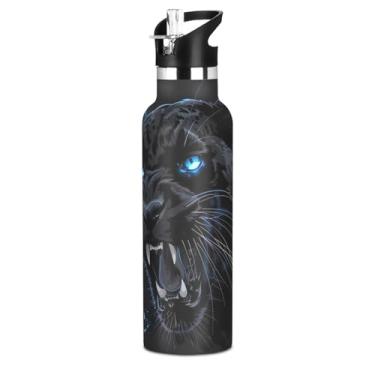 Imagem de Joisal Garrafa de água esportiva de aço inoxidável para adolescentes, Black Angry Panther de 590 ml, garrafa térmica isolada com tampa de canudo